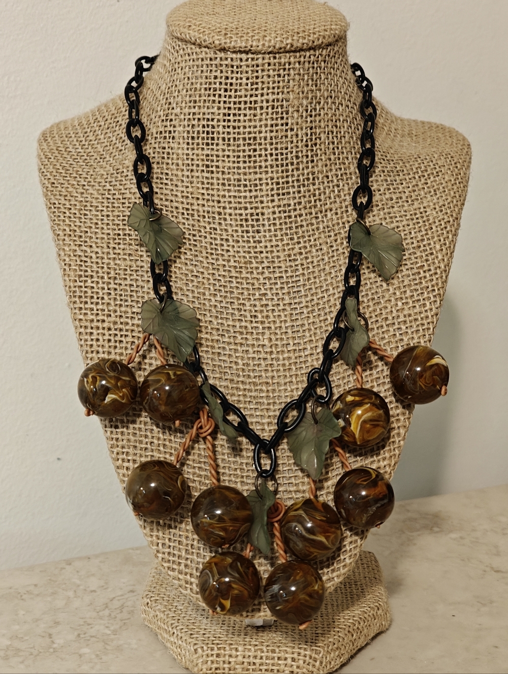 Vintage Old Plastic Dangling Fruits And Leaves Statement Necklace